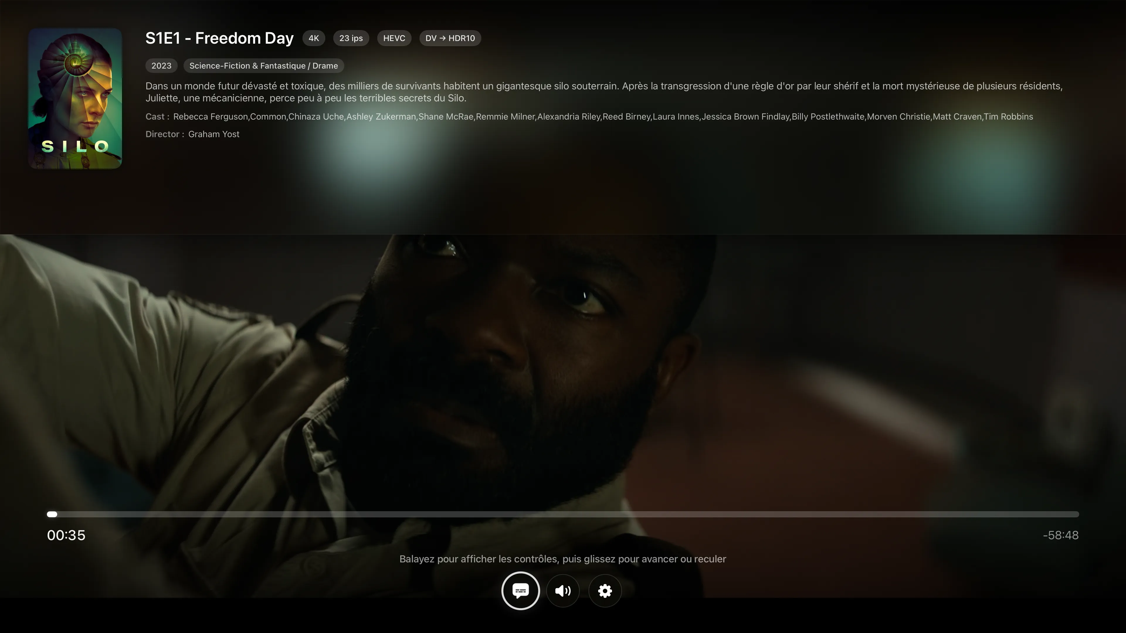 Playing an episode on Apple TV, with the 4K, HEVC and Dolby Vision badges