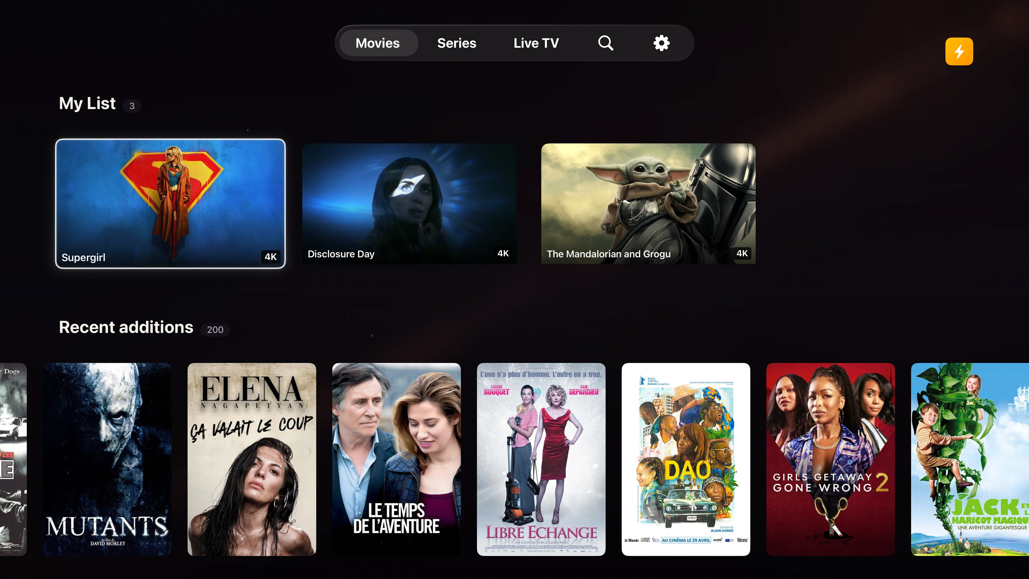 Supernova library on Apple TV, with My List and recent additions