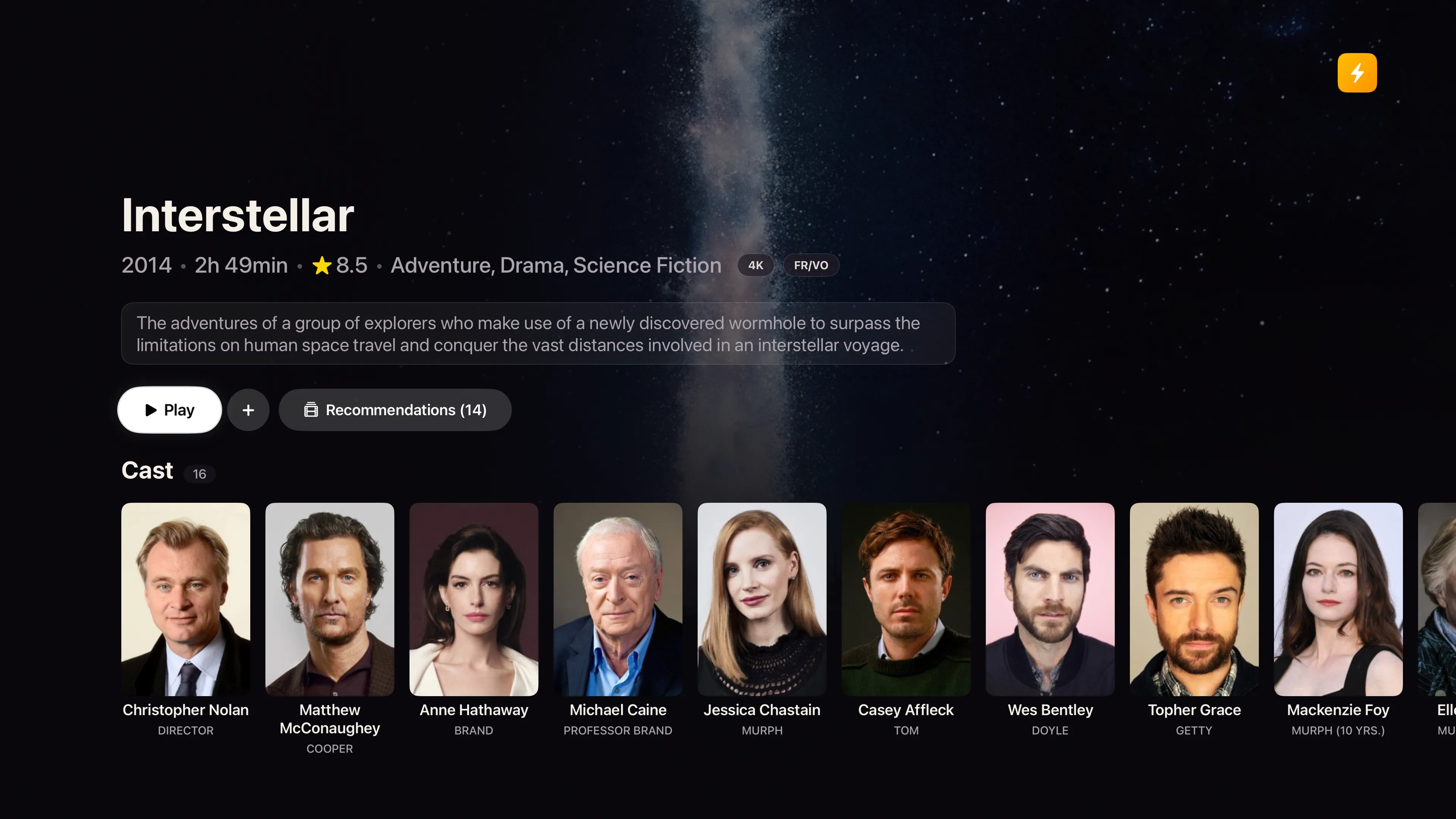 Movie detail page enriched by TMDB, with cast and recommendations